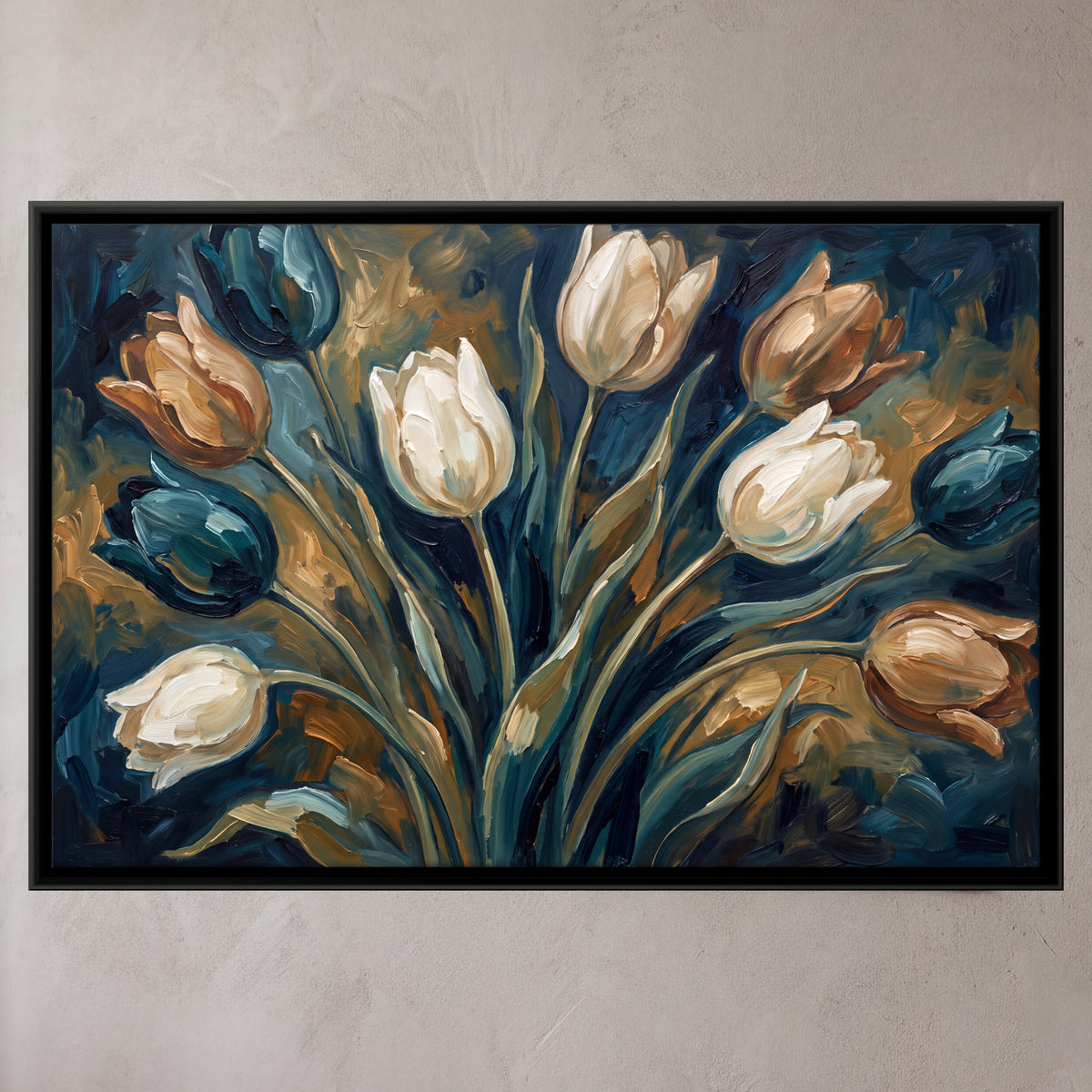 White Tulips - framed canvas art hung on a wall