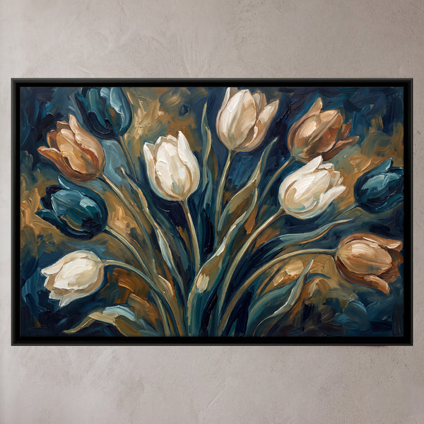 White and Brown Tulips on Blue-green Background