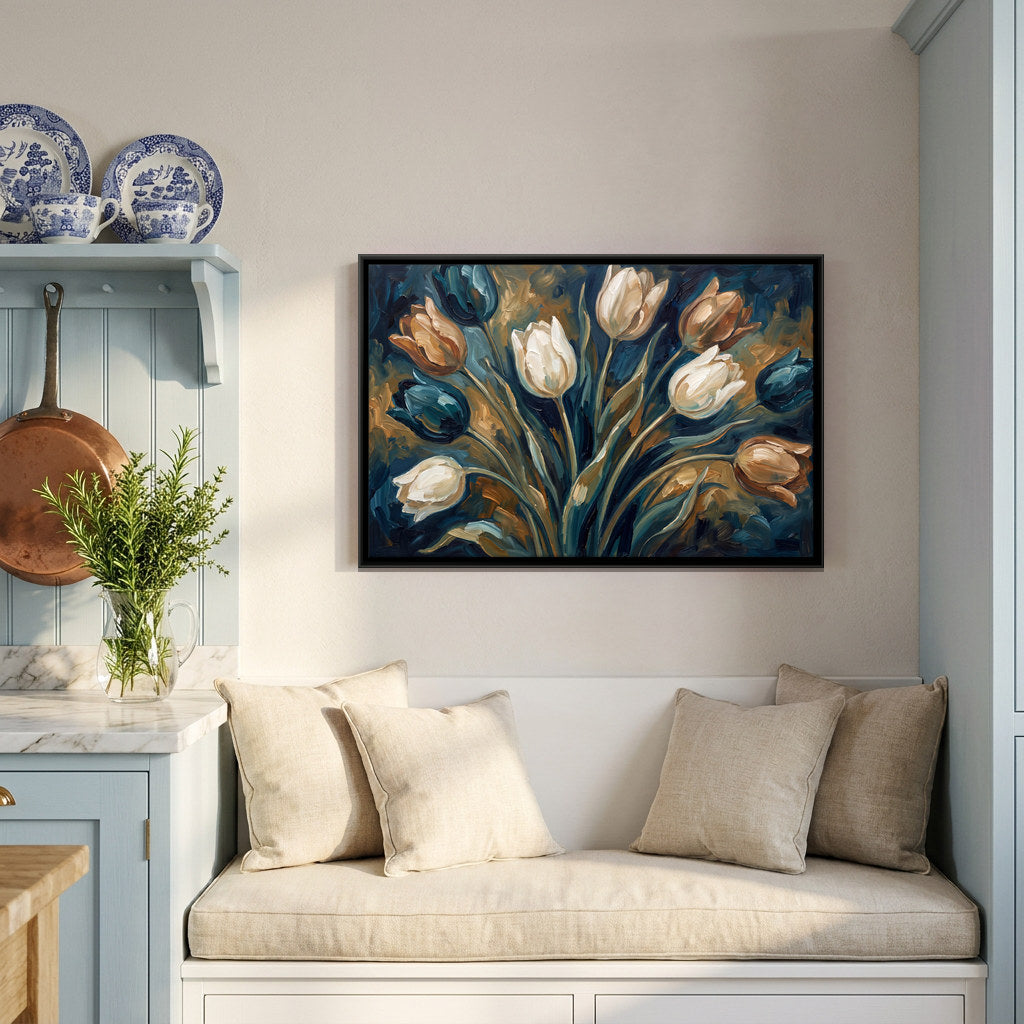 White Tulips - canvas art shown in a second room setting