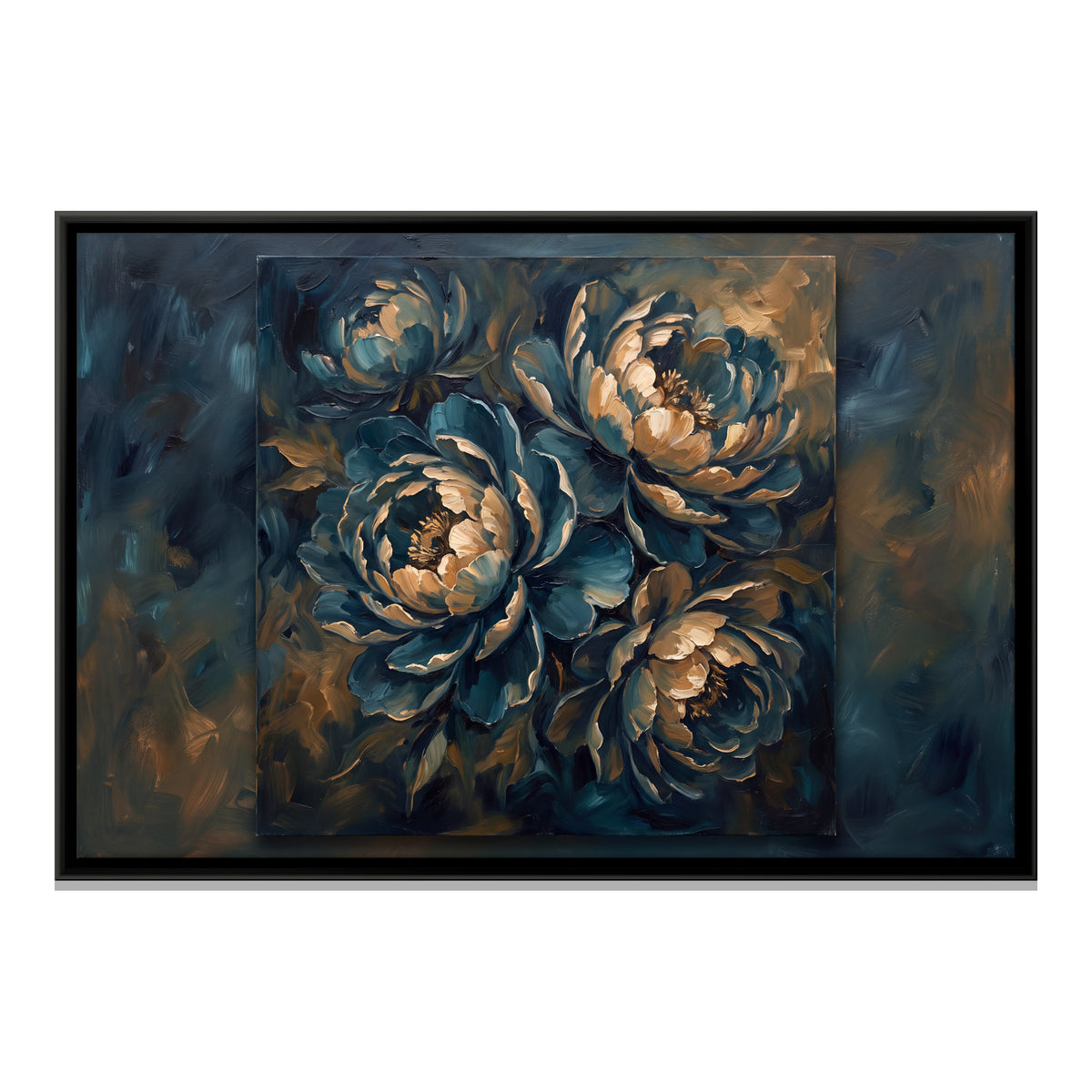 Teal and Gold Peonies - framed canvas print, front view