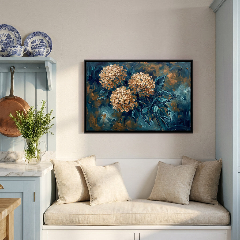 Golden Hydrangeas - canvas art shown in a second room setting