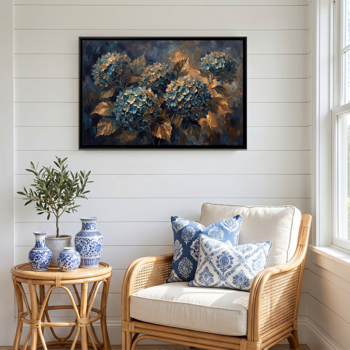 Teal and Gold Hydrangeas - canvas art shown in a styled room