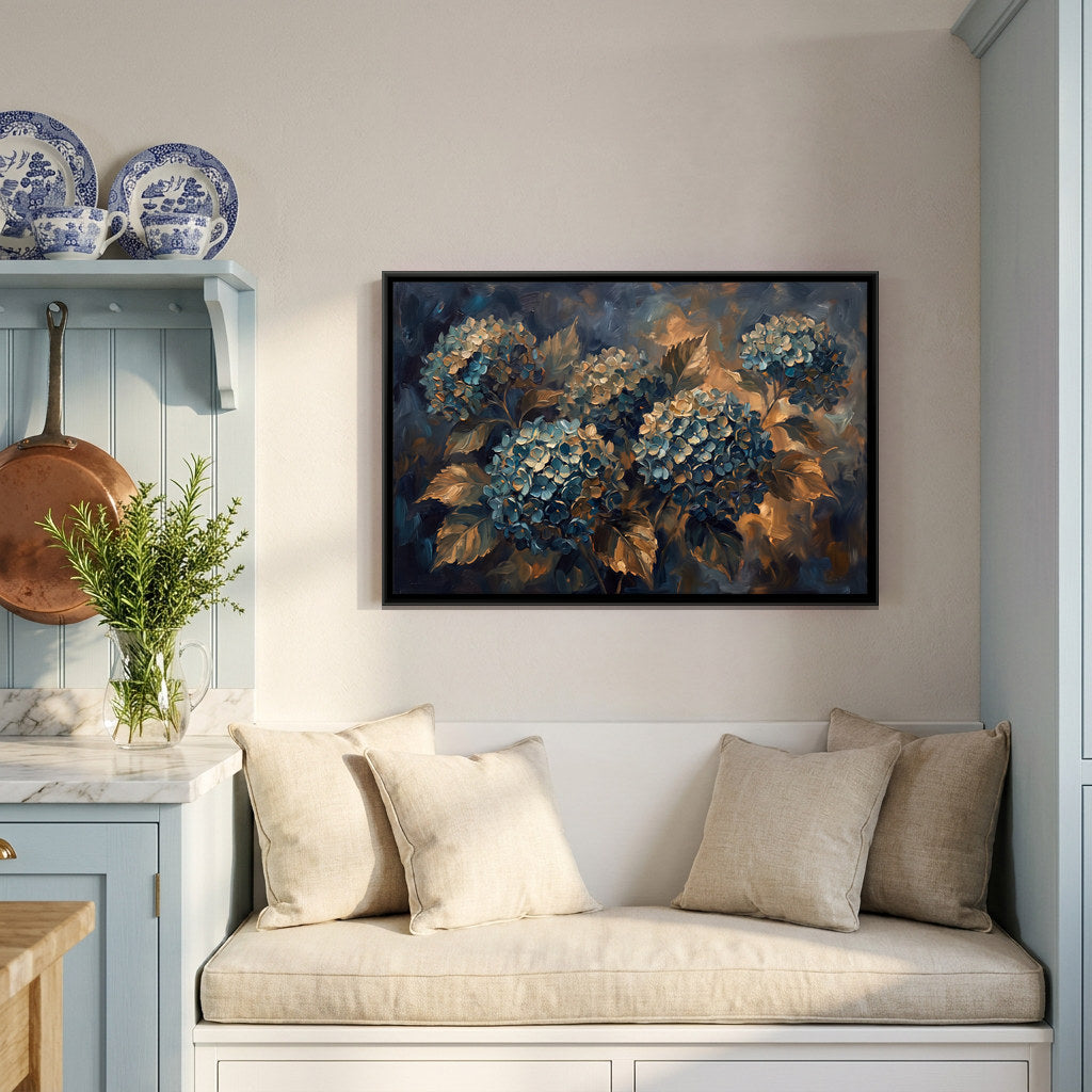 Teal and Gold Hydrangeas - canvas art shown in a second room setting