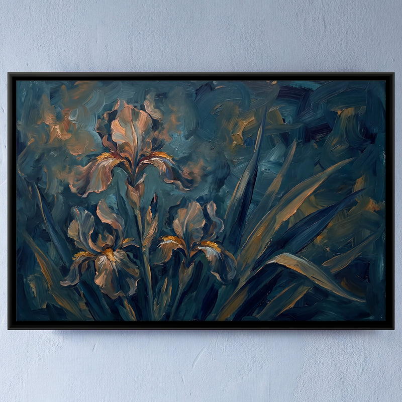 Irises on Deep Teal - framed canvas art hung on a wall