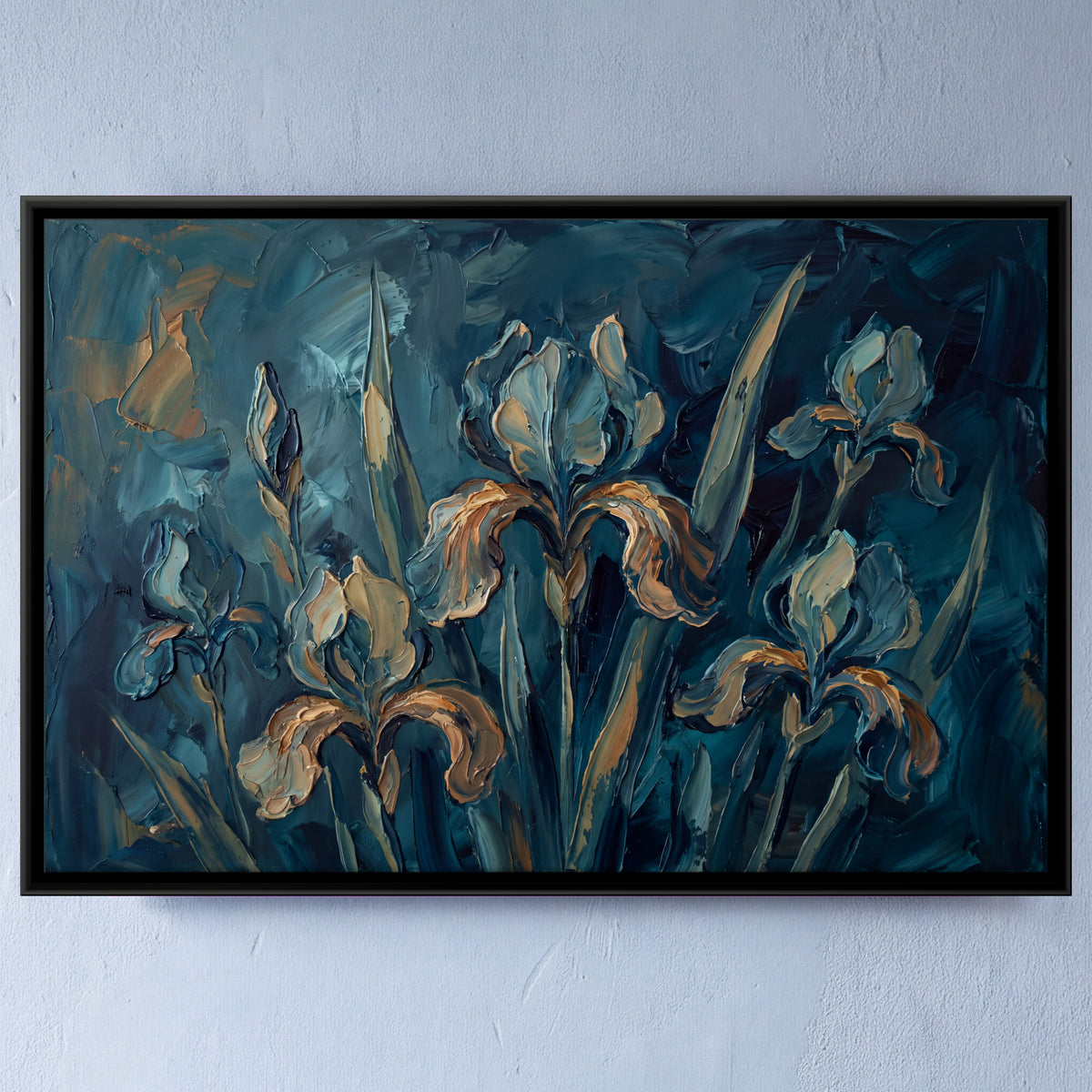 Irises on Deep Teal - framed canvas art hung on a wall