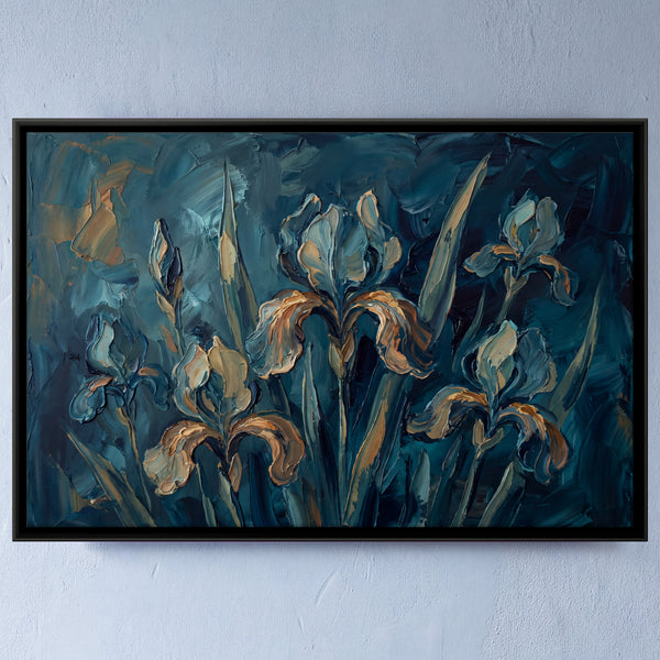 Irises on Deep Teal Background in Indigo, 3:2