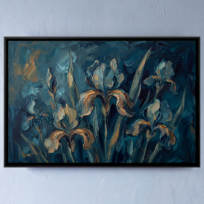 Irises on Deep Teal - framed canvas art hung on a wall
