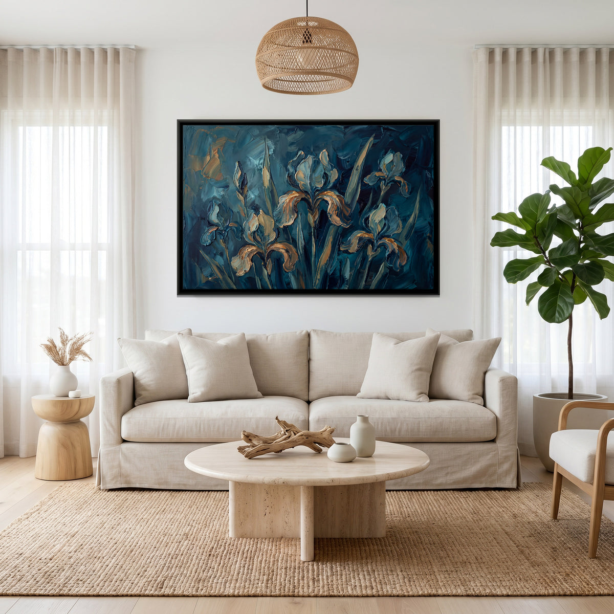 Irises on Deep Teal - canvas art shown in a second room setting