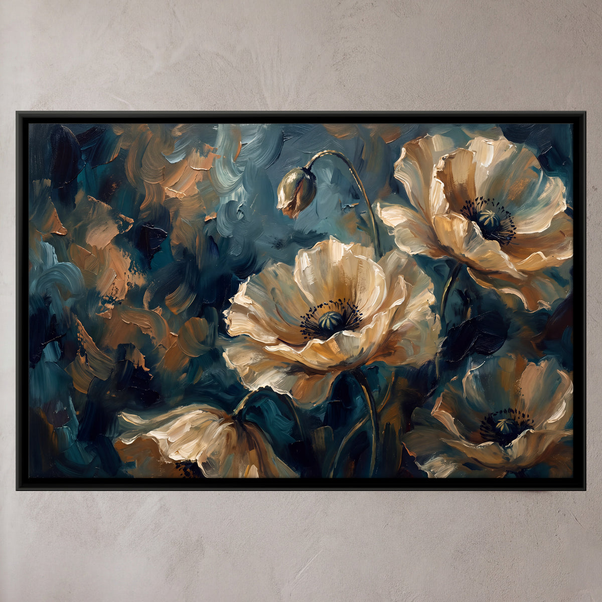Cream Poppies - framed canvas art hung on a wall