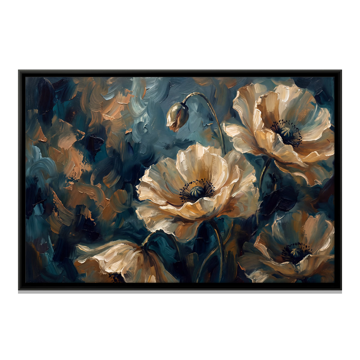 Cream Poppies - framed canvas print, front view