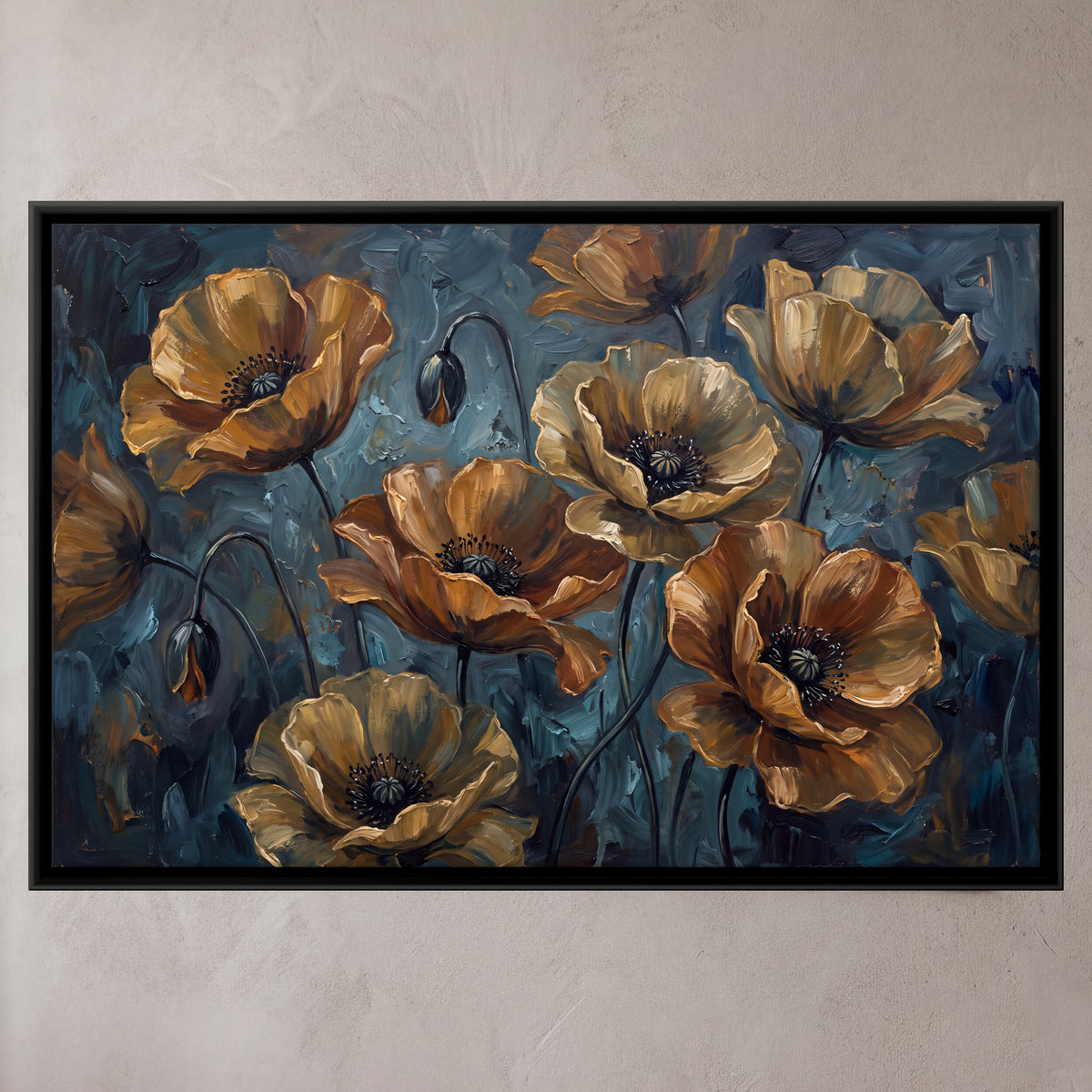 Golden Poppies - framed canvas art hung on a wall