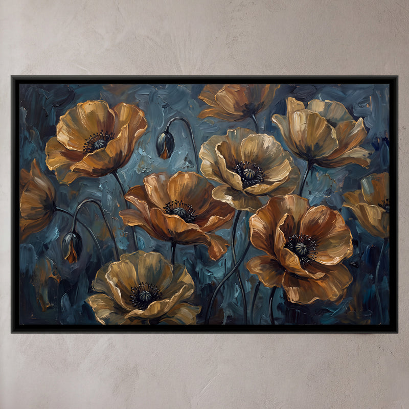 Golden Poppies - framed canvas art hung on a wall