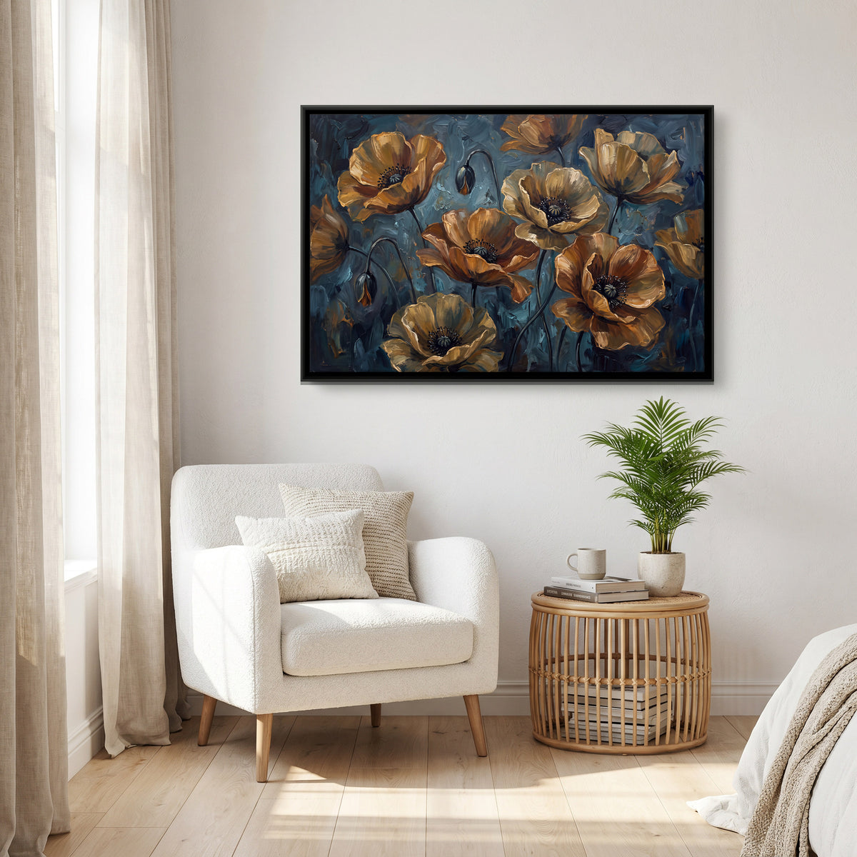 Golden Poppies - canvas art shown in a styled room