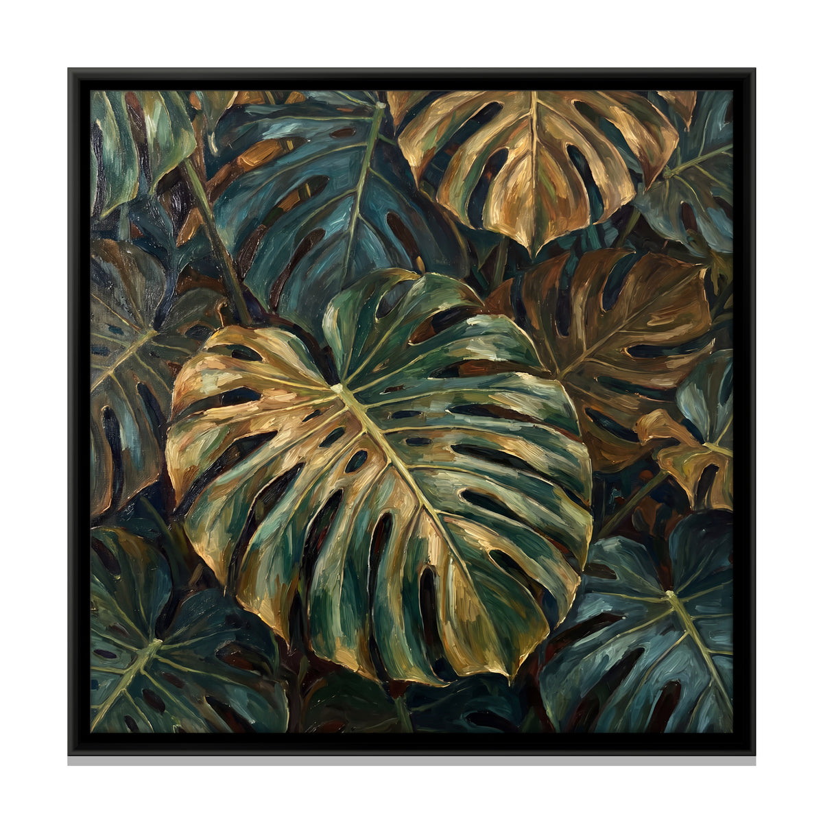 Golden Monstera Leaves - framed canvas print, front view
