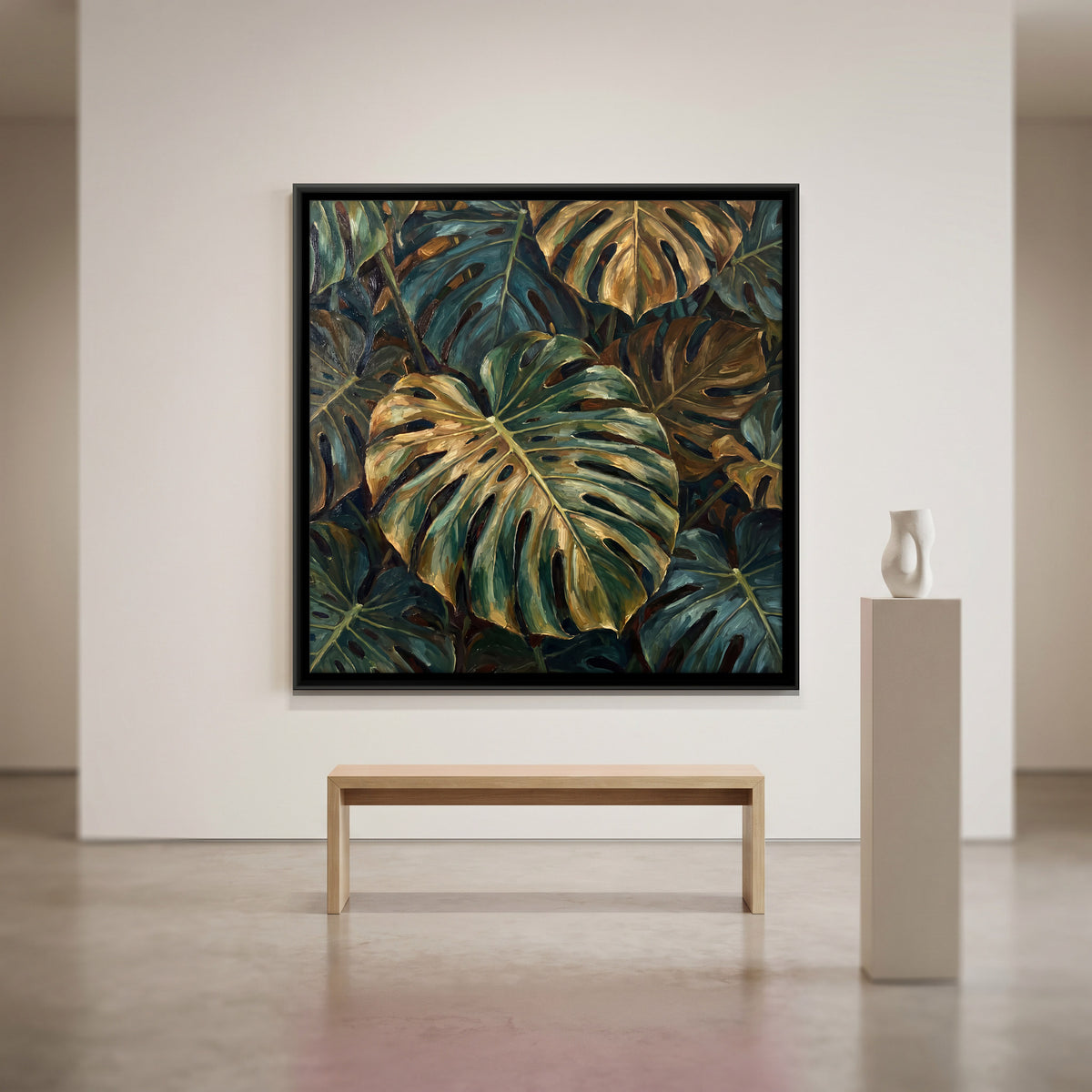 Golden Monstera Leaves - canvas art shown in a styled room