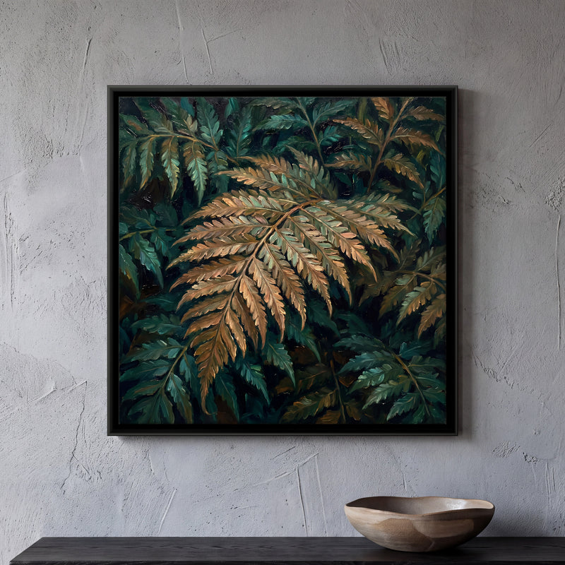 Golden Fern Fronds - framed canvas art hung on a wall