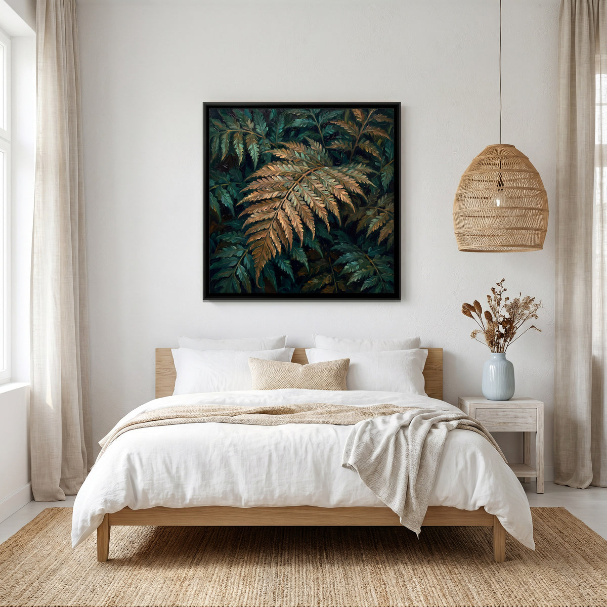 Golden Fern Fronds - canvas art shown in a styled room