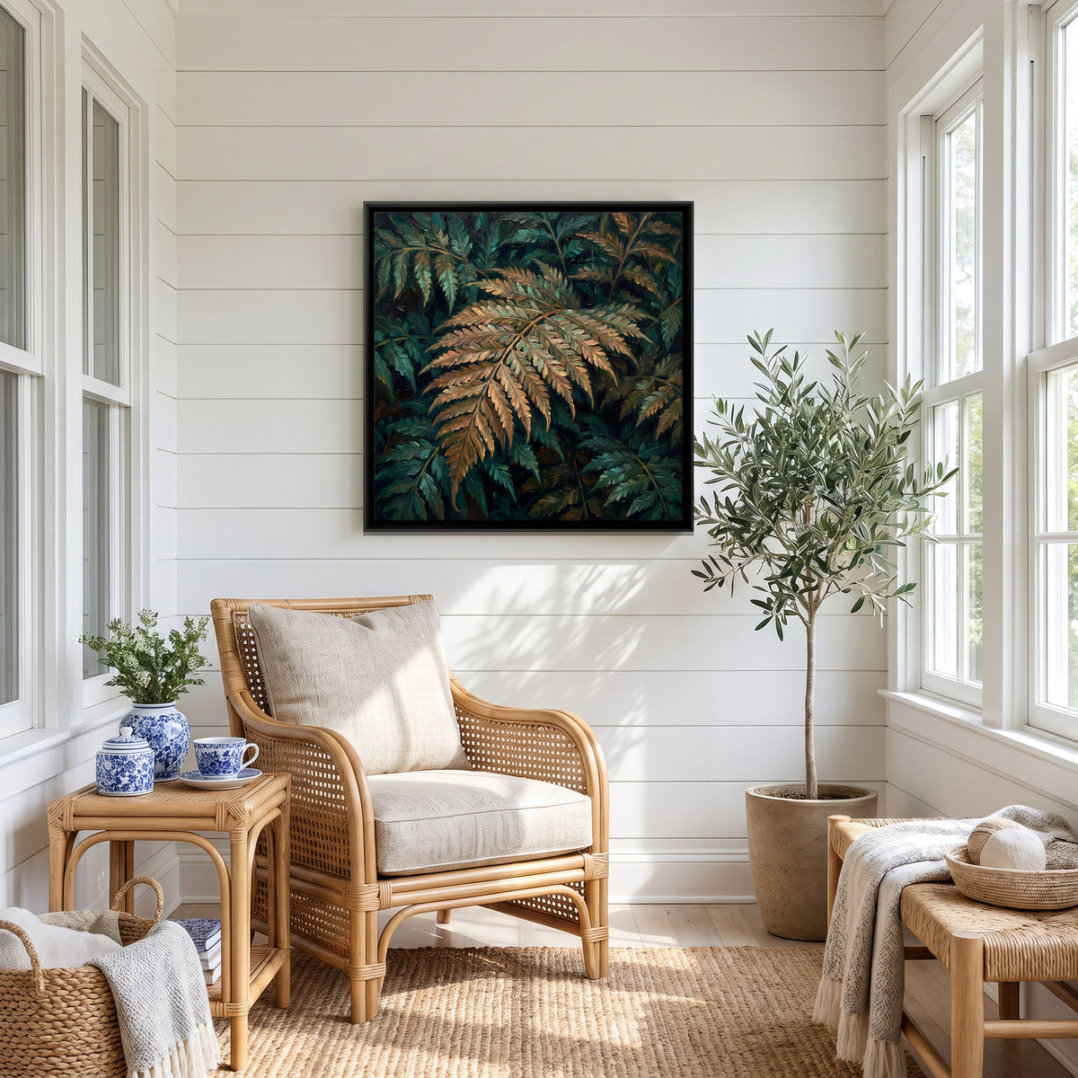 Golden Fern Fronds - canvas art shown in a second room setting