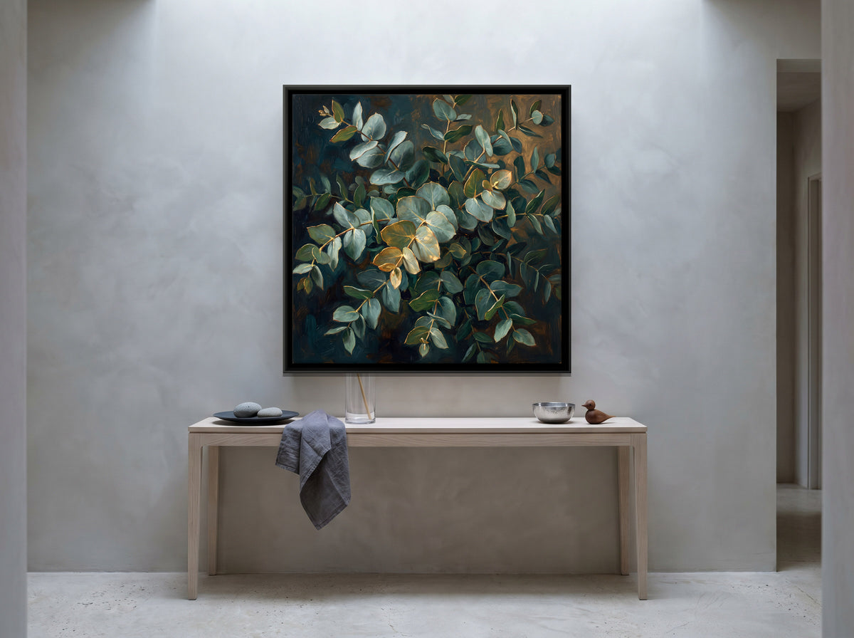 Eucalyptus Branches - canvas art shown in a styled room