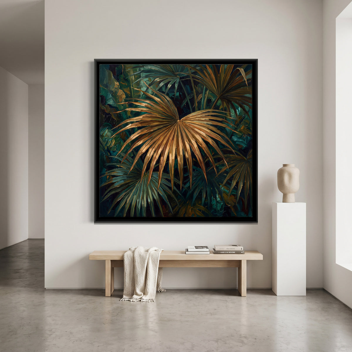 Golden Fan Palm Leaf - canvas art shown in a styled room