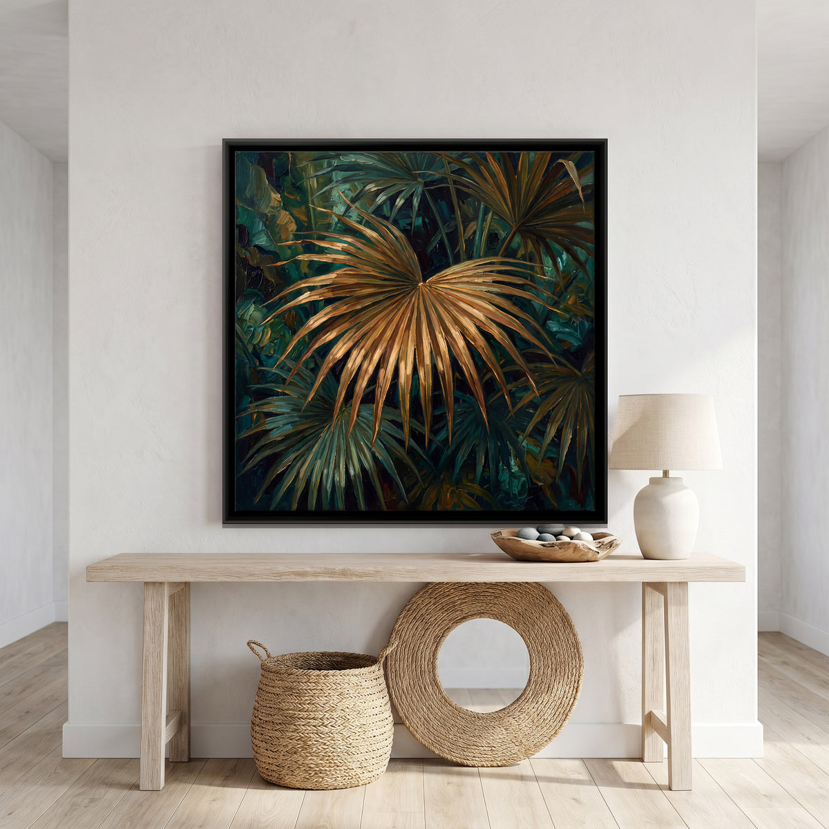 Golden Fan Palm Leaf - canvas art shown in a second room setting