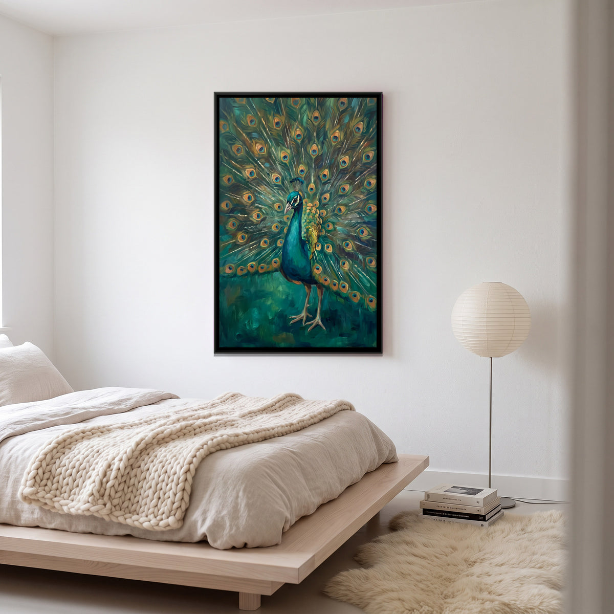 Peacock in Full Display - canvas art shown in a styled room