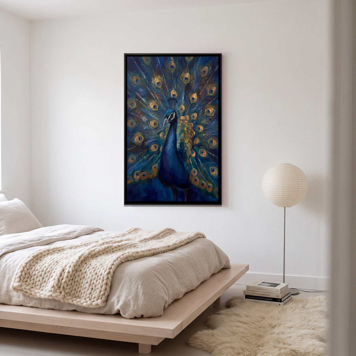 Peacock in Full Display - canvas art shown in a styled room