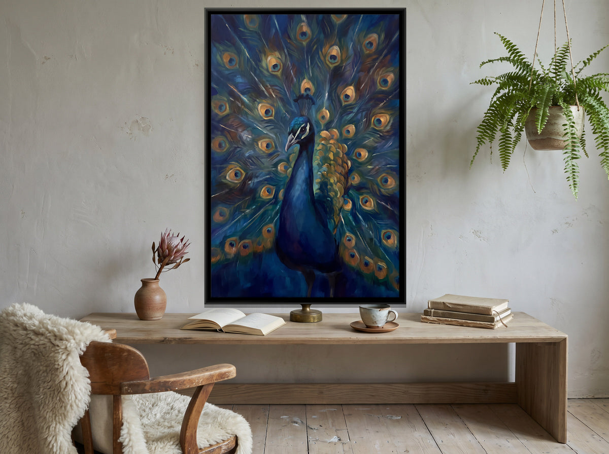 Peacock in Full Display - canvas art shown in a second room setting
