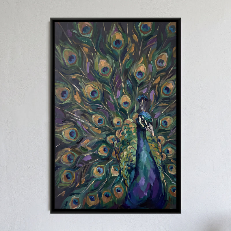 Peacock in Full Display - framed canvas art hung on a wall