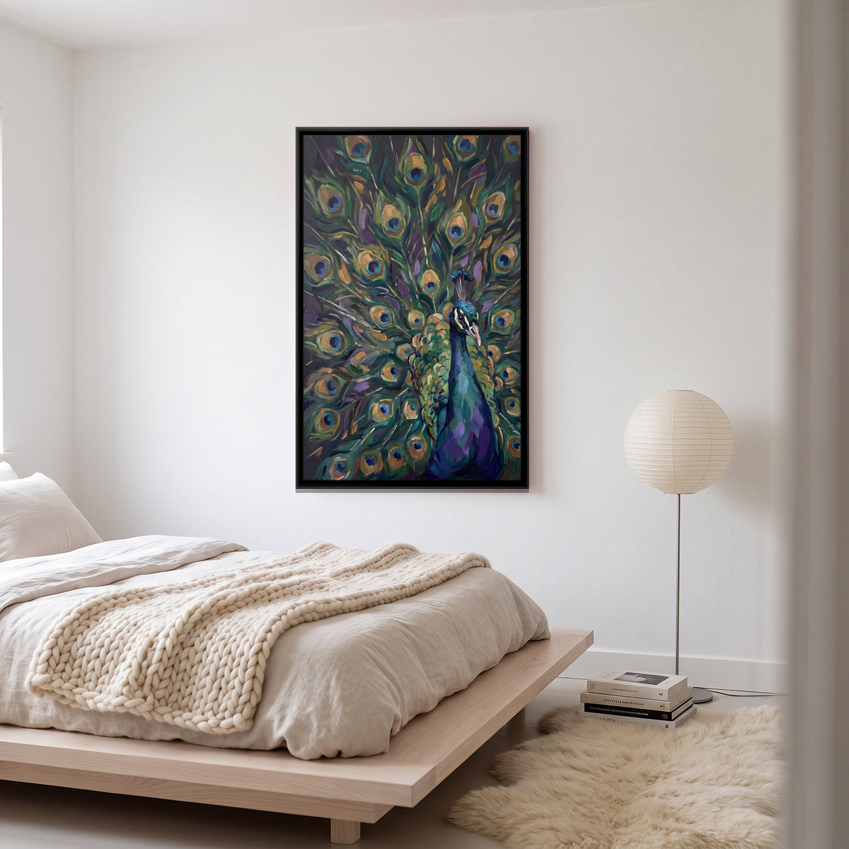 Peacock in Full Display - canvas art shown in a styled room