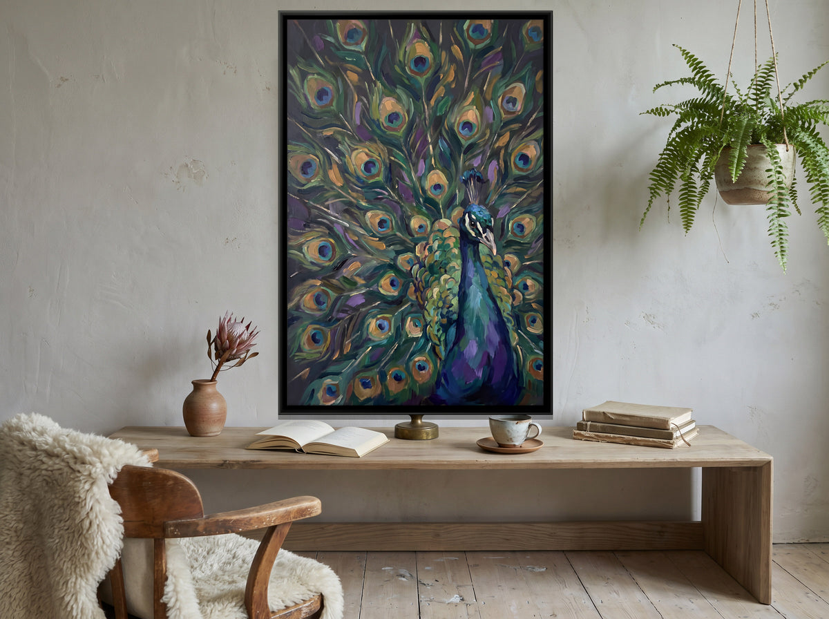 Peacock in Full Display - canvas art shown in a second room setting