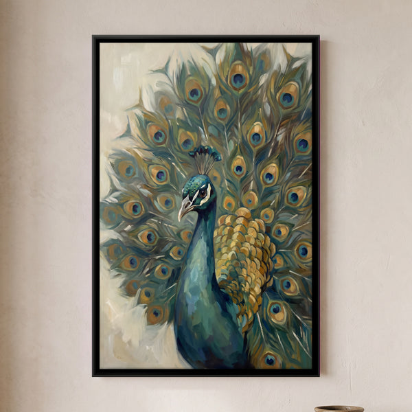 Peacock with Fully Fanned Tail Feathers in Sand