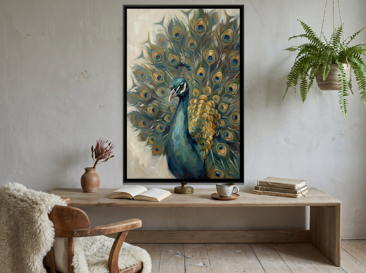 Peacock in Full Display - canvas art shown in a second room setting