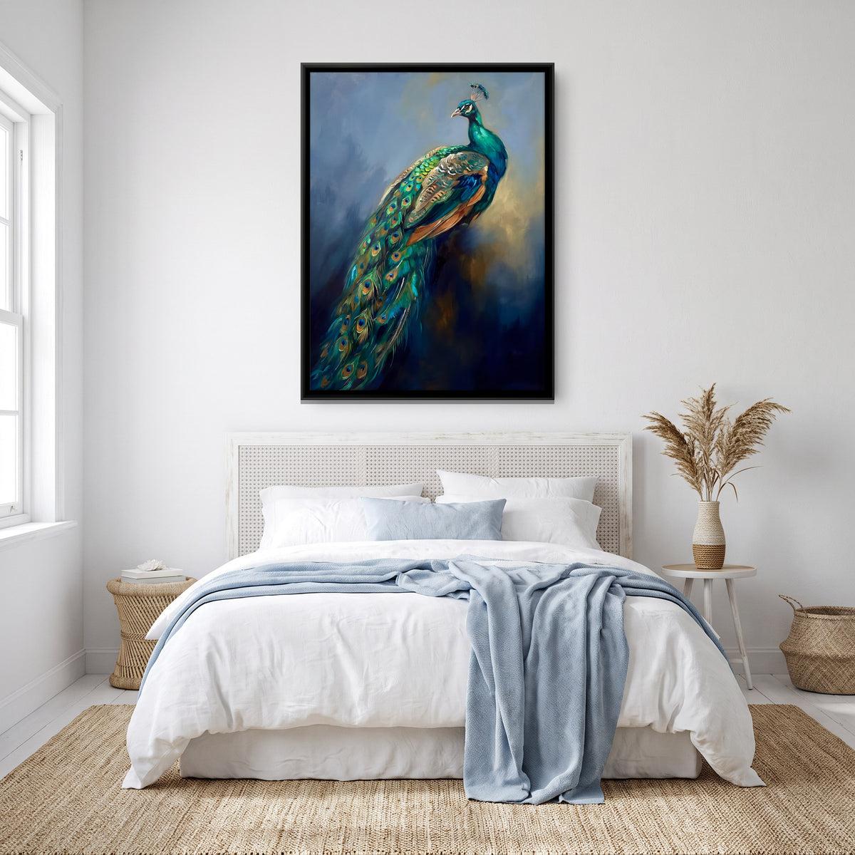 Peacock with Trailing Feathers - canvas art shown in a styled room
