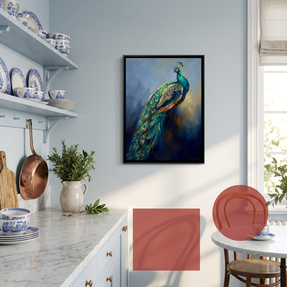 Peacock with Trailing Feathers - canvas art shown in a second room setting