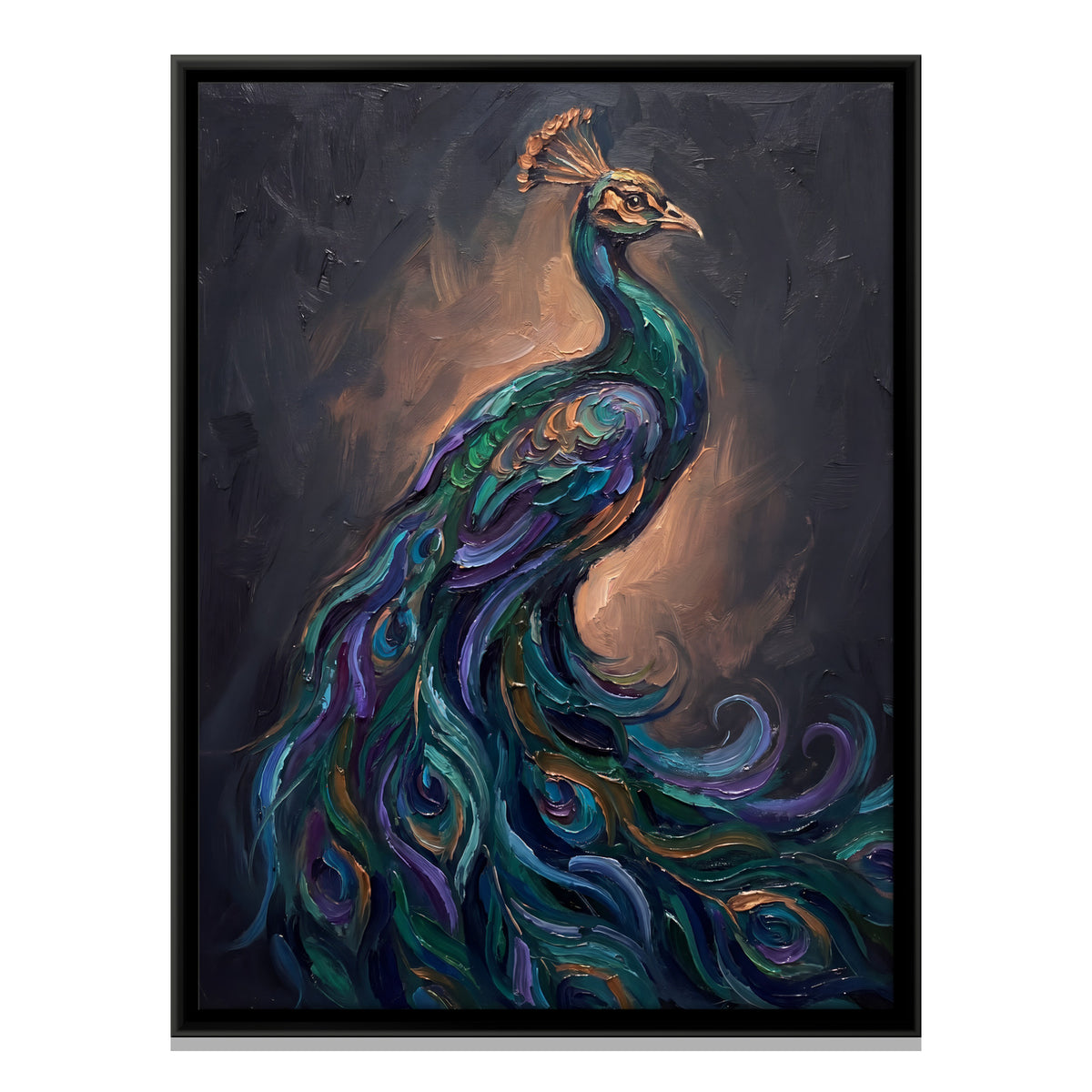 Peacock with Trailing Feathers - framed canvas print, front view