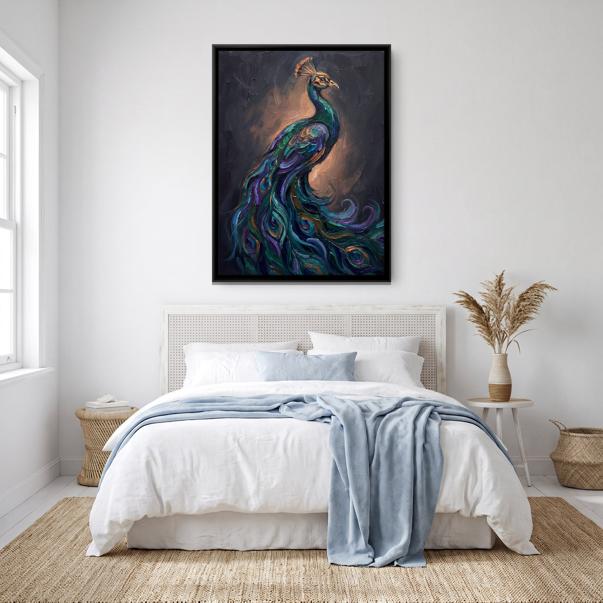 Peacock with Trailing Feathers - canvas art shown in a styled room
