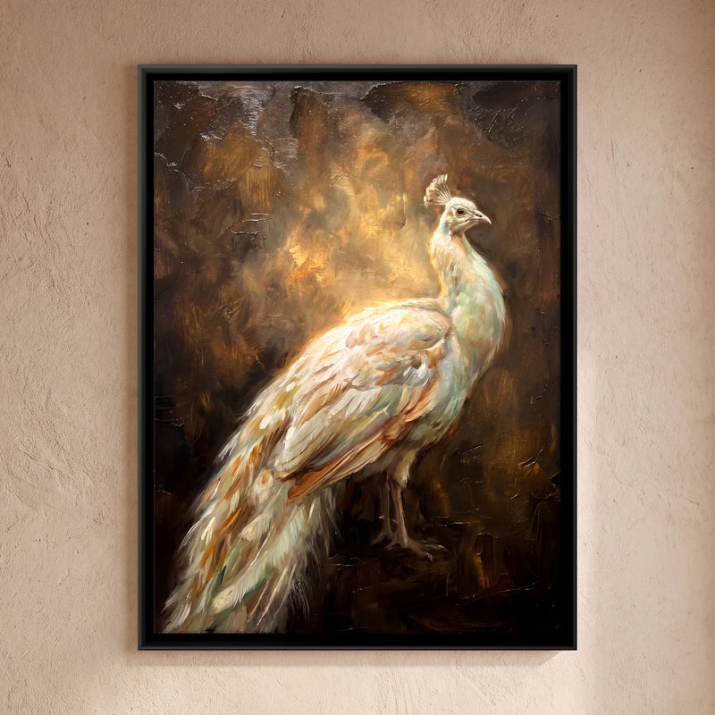White Peacock - framed canvas art hung on a wall