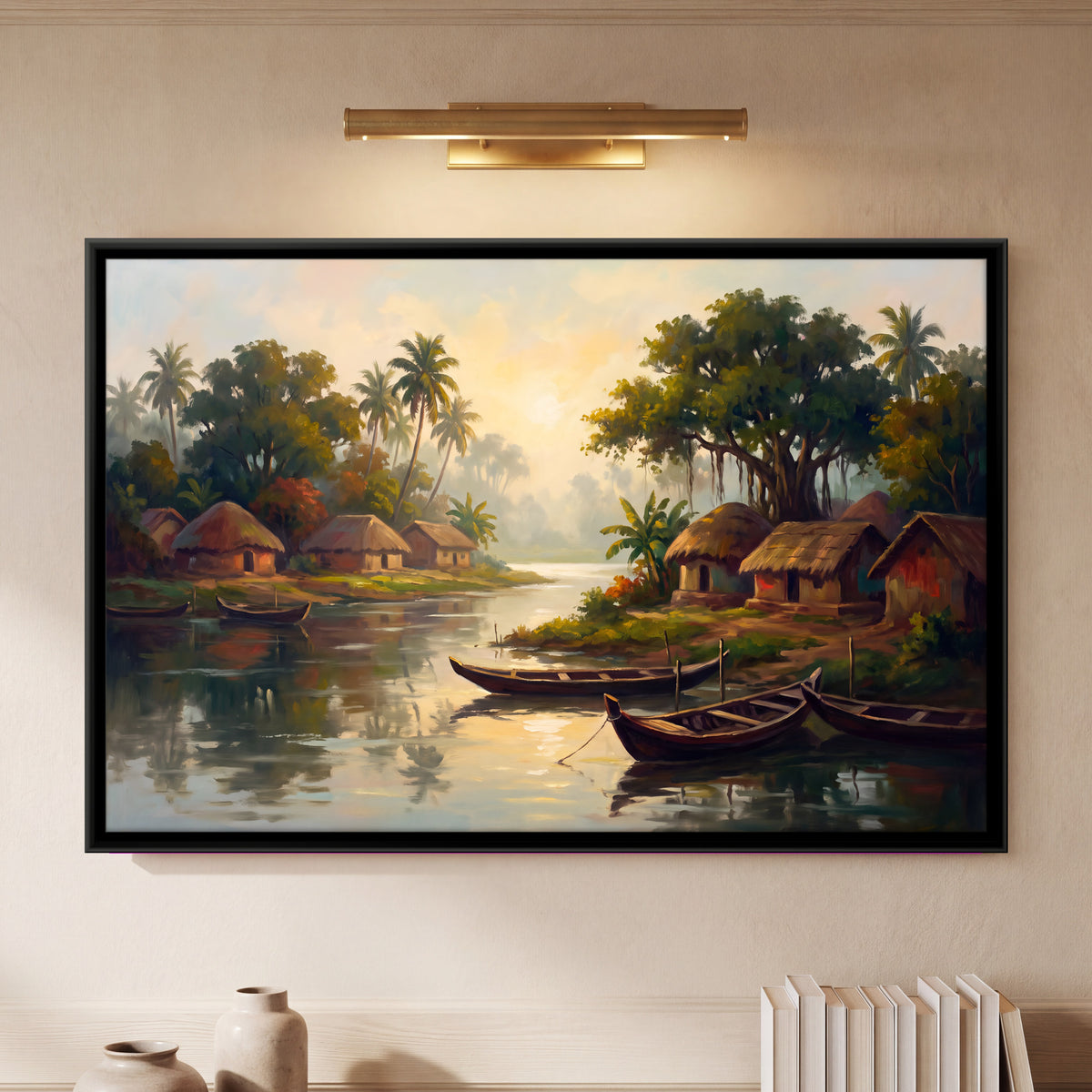 Riverside Village with Boats - framed canvas art hung on a wall