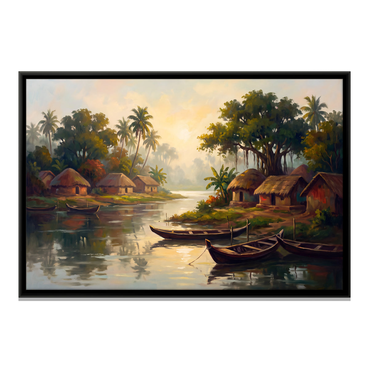 Riverside Village with Boats - framed canvas print, front view