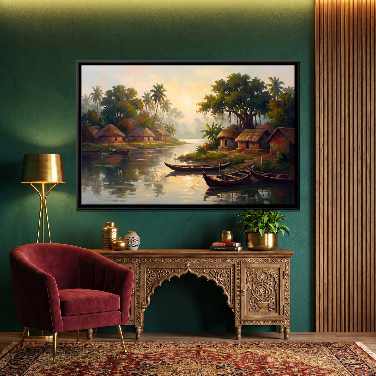 Riverside Village with Boats - canvas art shown in a styled room