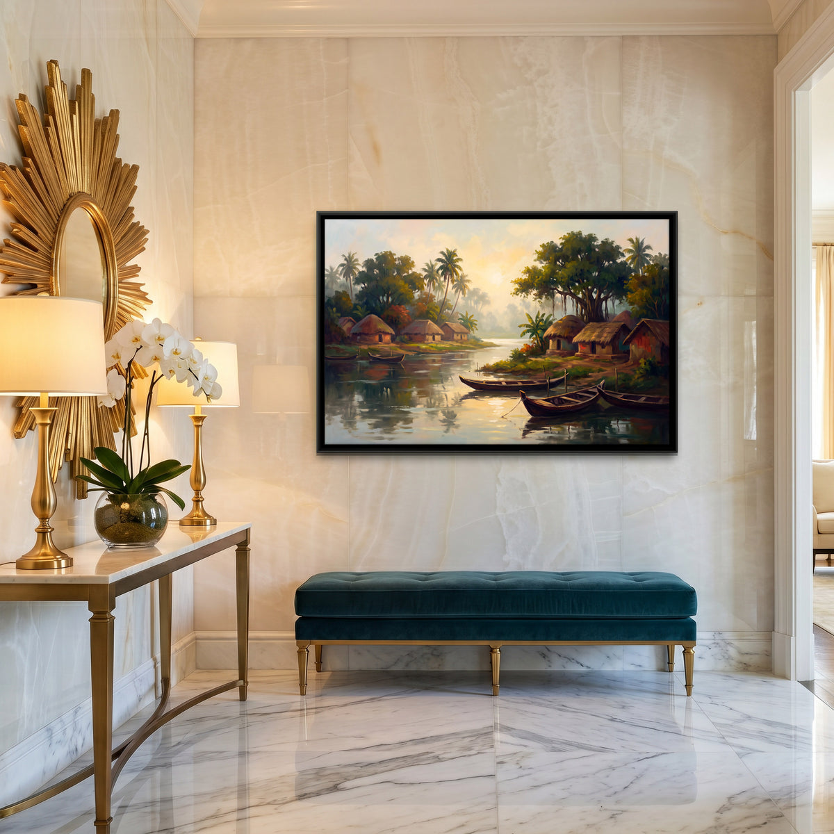Riverside Village with Boats - canvas art shown in a second room setting