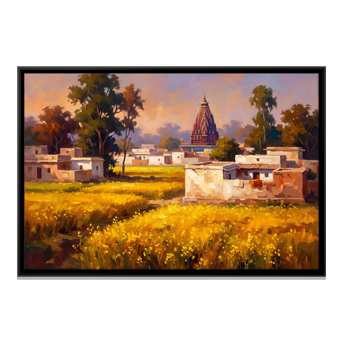 Village Temple Beyond a Mustard Field - framed canvas print, front view