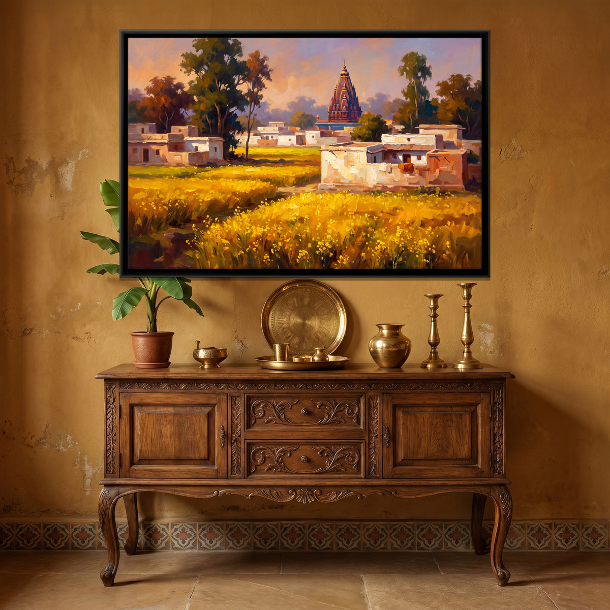 Village Temple Beyond a Mustard Field - canvas art shown in a styled room