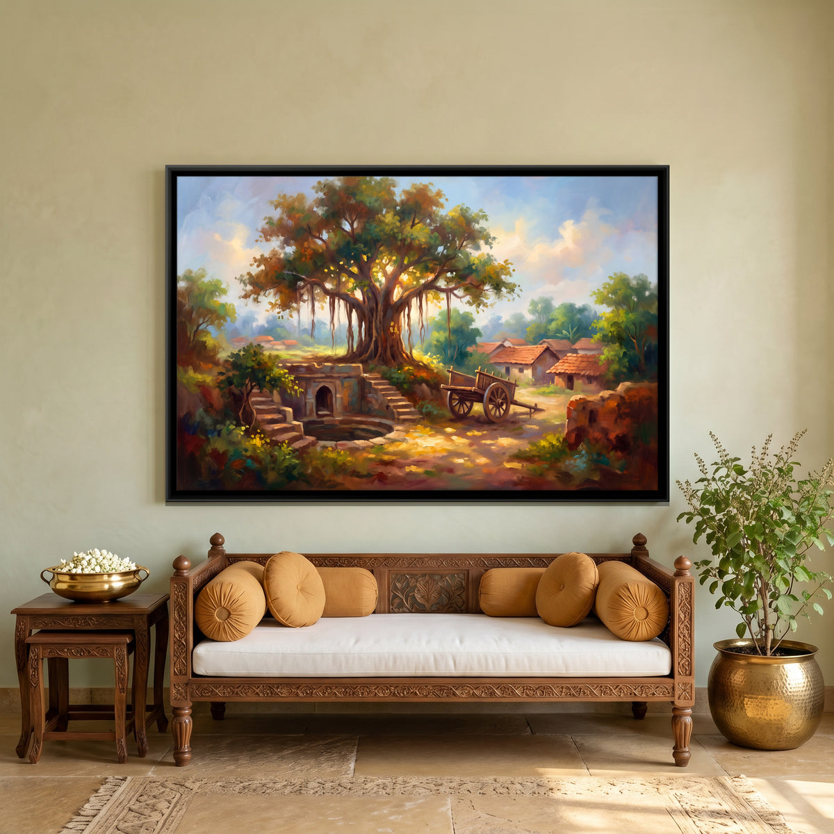 Banyan Tree and Village Well - canvas art shown in a styled room