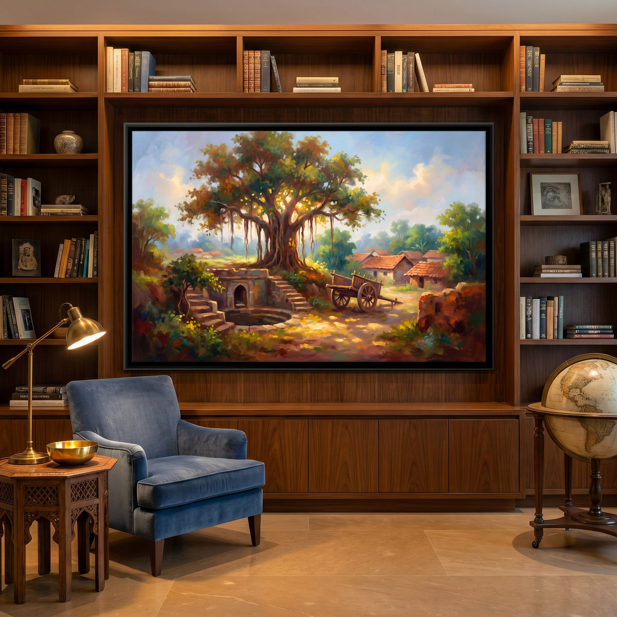Banyan Tree and Village Well - canvas art shown in a second room setting