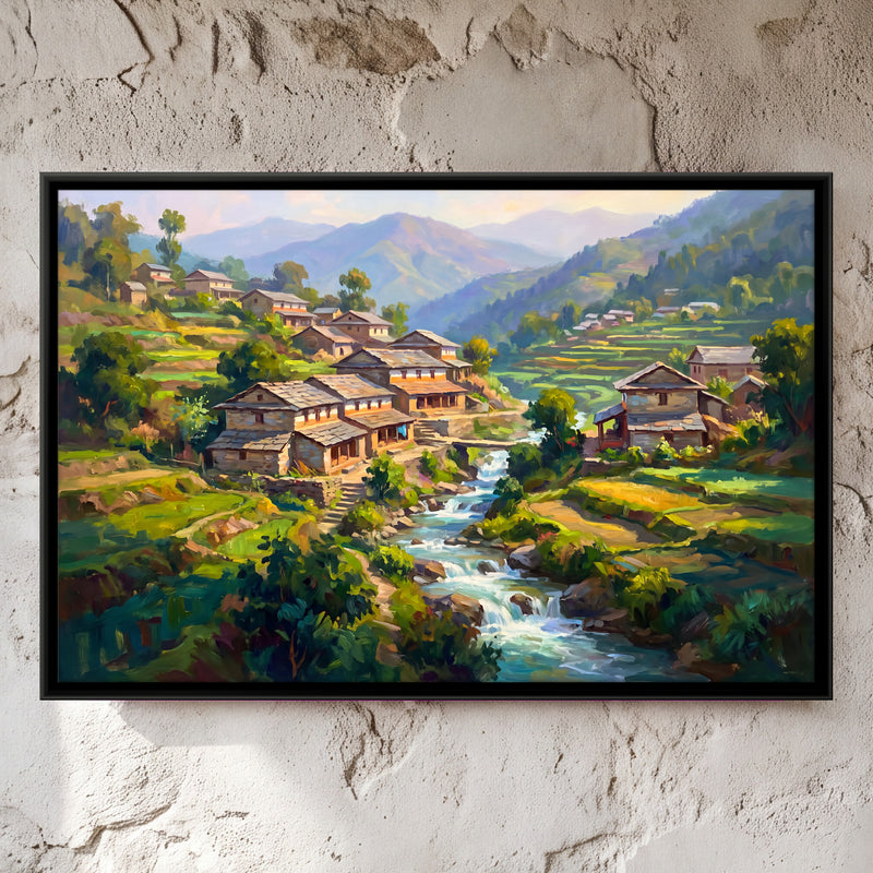 Hill Village by a Mountain Stream - framed canvas art hung on a wall