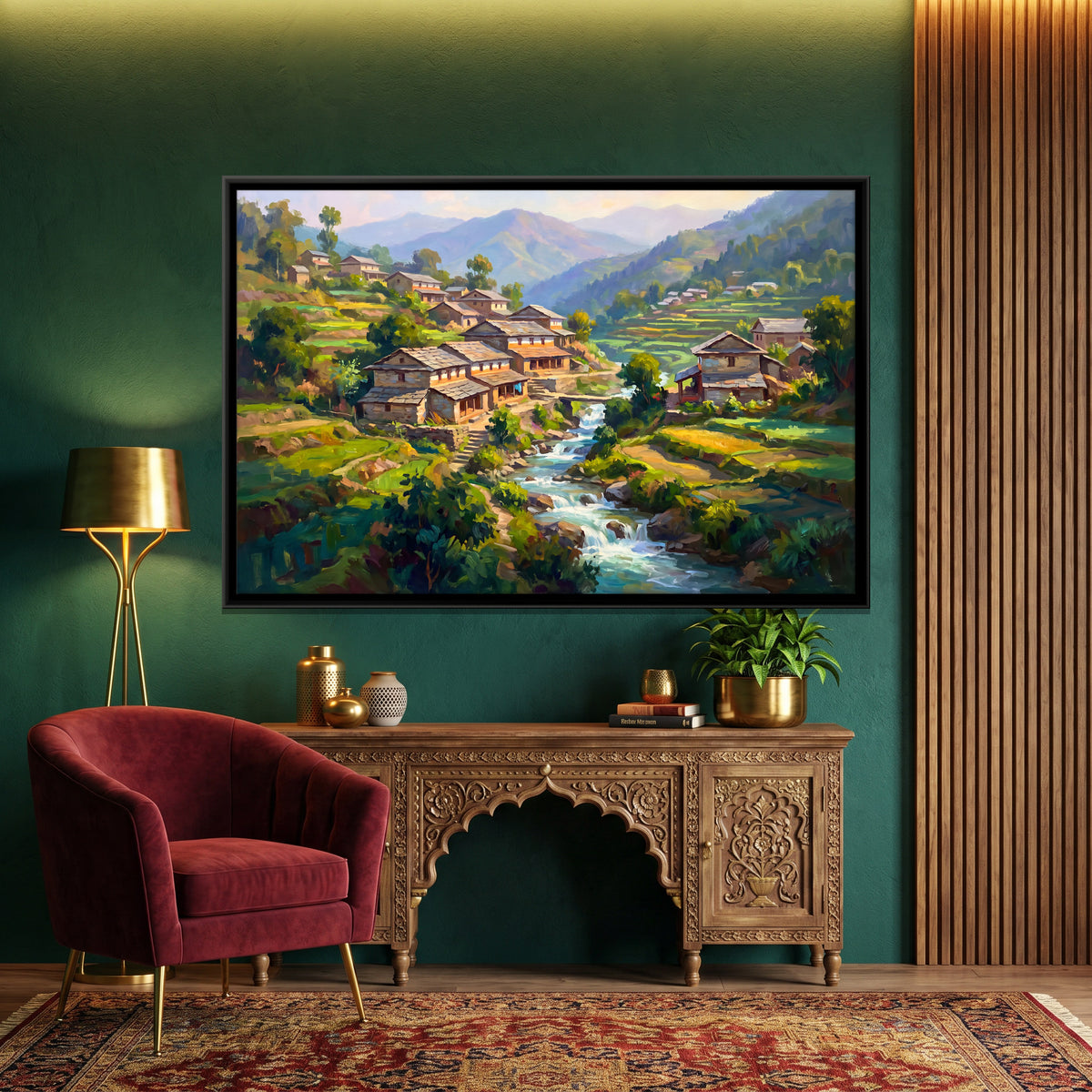 Hill Village by a Mountain Stream - canvas art shown in a styled room