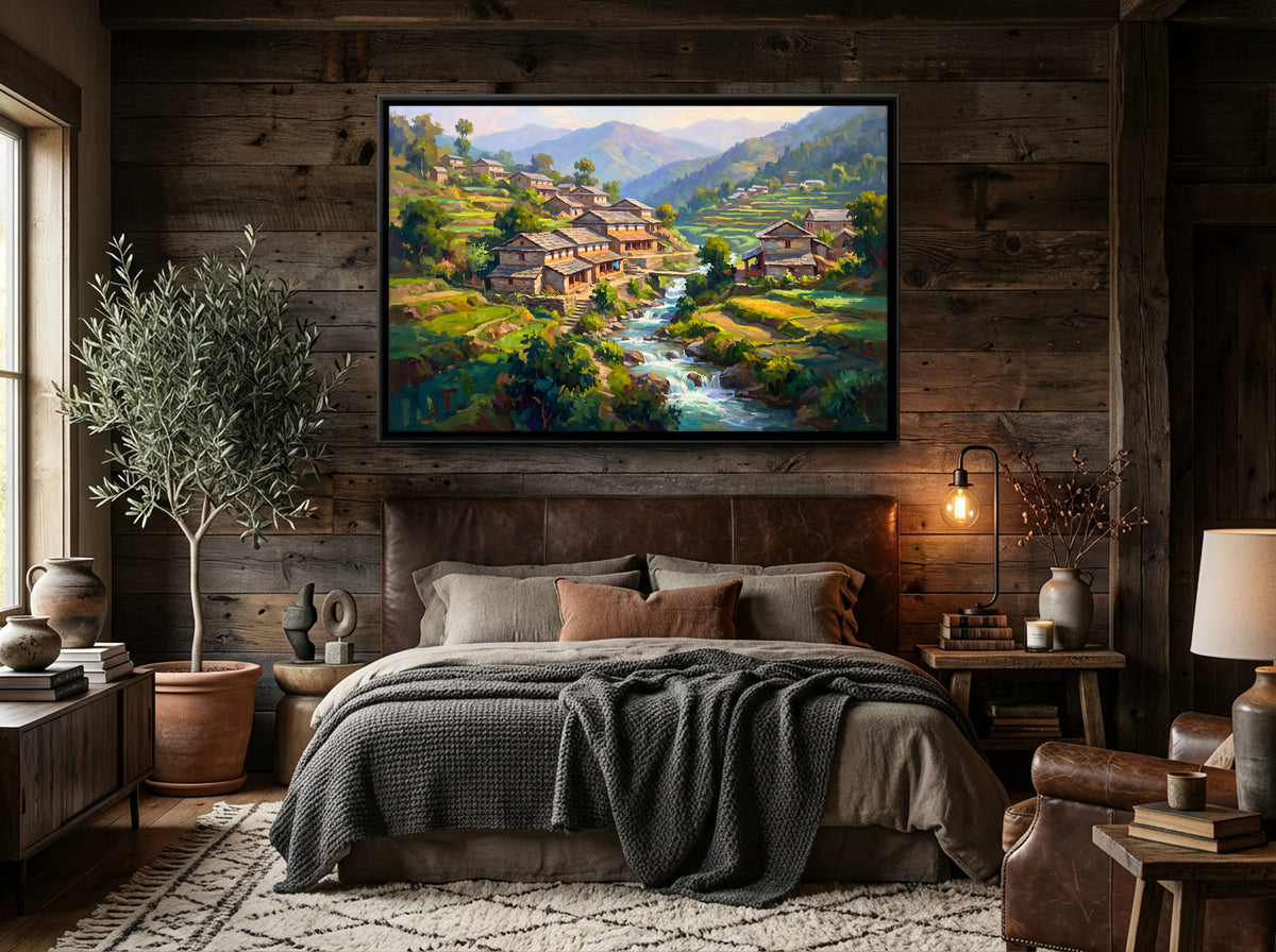 Hill Village by a Mountain Stream - canvas art shown in a second room setting