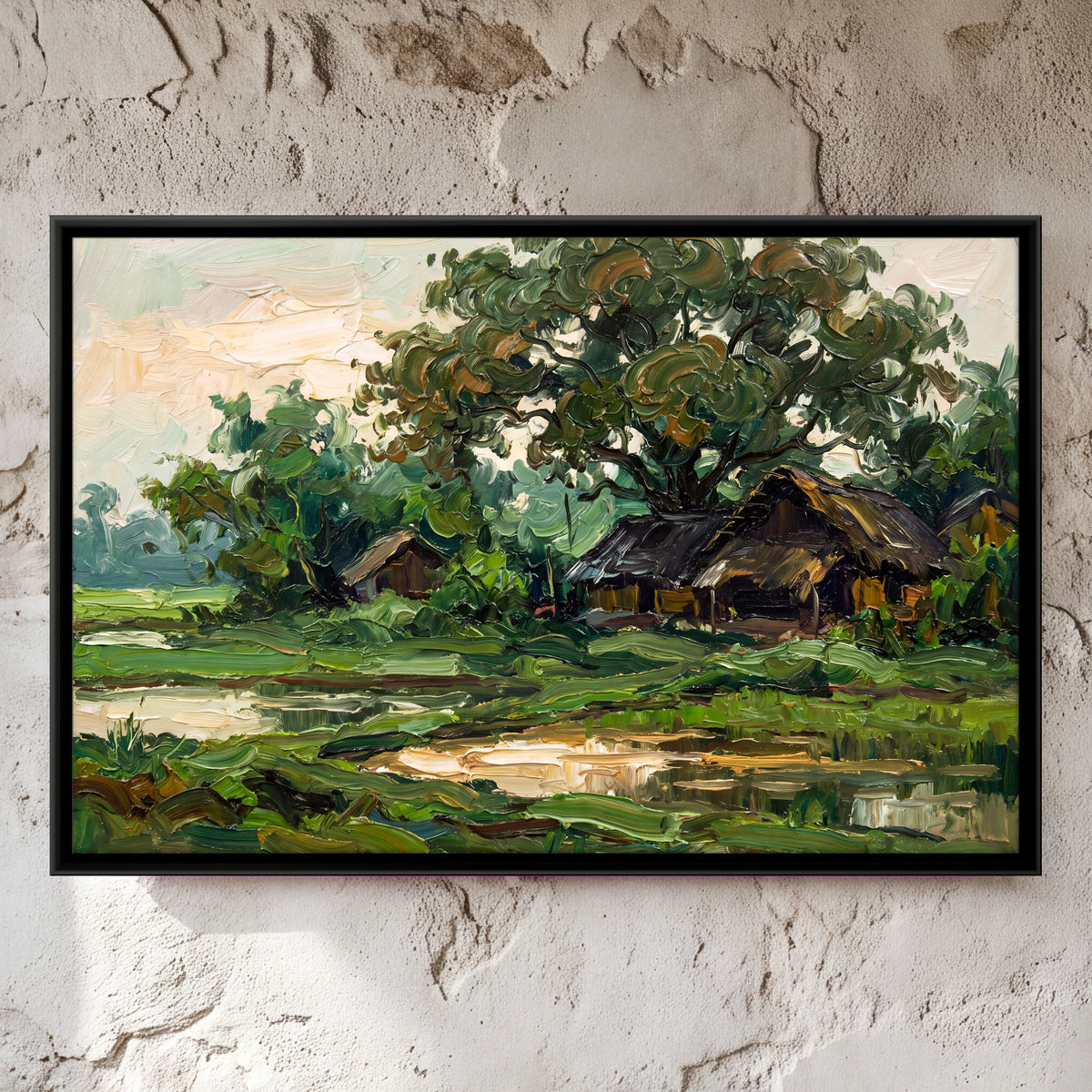 Thatched Huts by a Village Pond - framed canvas art hung on a wall
